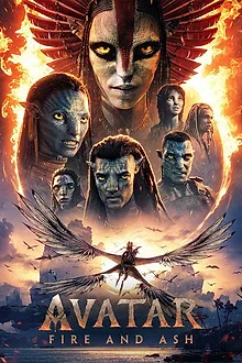 Avatar Fire and Ash poster — a Na'vi warrior lit by drifting embers