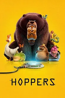 Hoppers poster — the animated beaver-robot cast against a woodland river