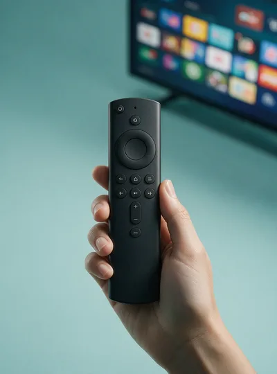 A streaming-stick remote held up in front of a television showing the IPTV America channel grid