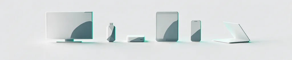 A row of devices IPTV America runs on — television, streaming stick, set-top box, tablet, phone and laptop