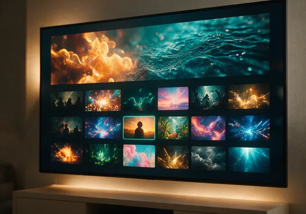A television showing the IPTV America on-demand catalogue, rows of film and series tiles with one highlighted