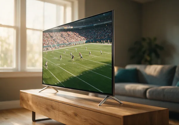 A living-room television showing an IPTV America channel grid with a live football game in the main panel