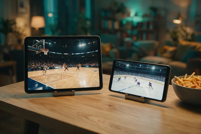 A tablet showing live basketball and a phone showing ice hockey, propped on a table on a game night